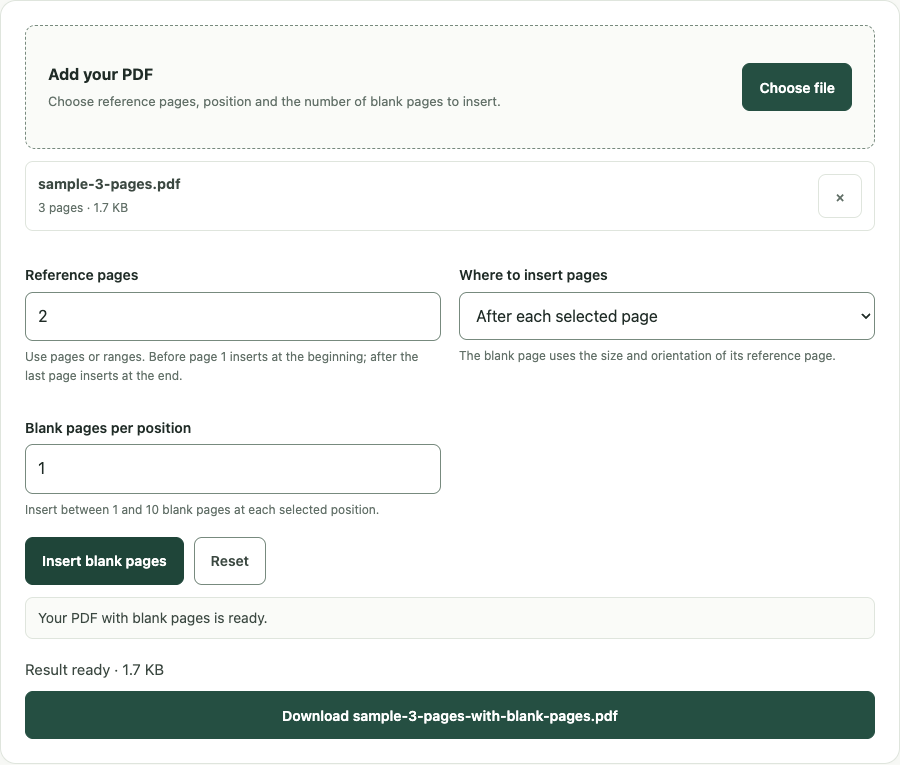Insert blank PDF pages example using sample data