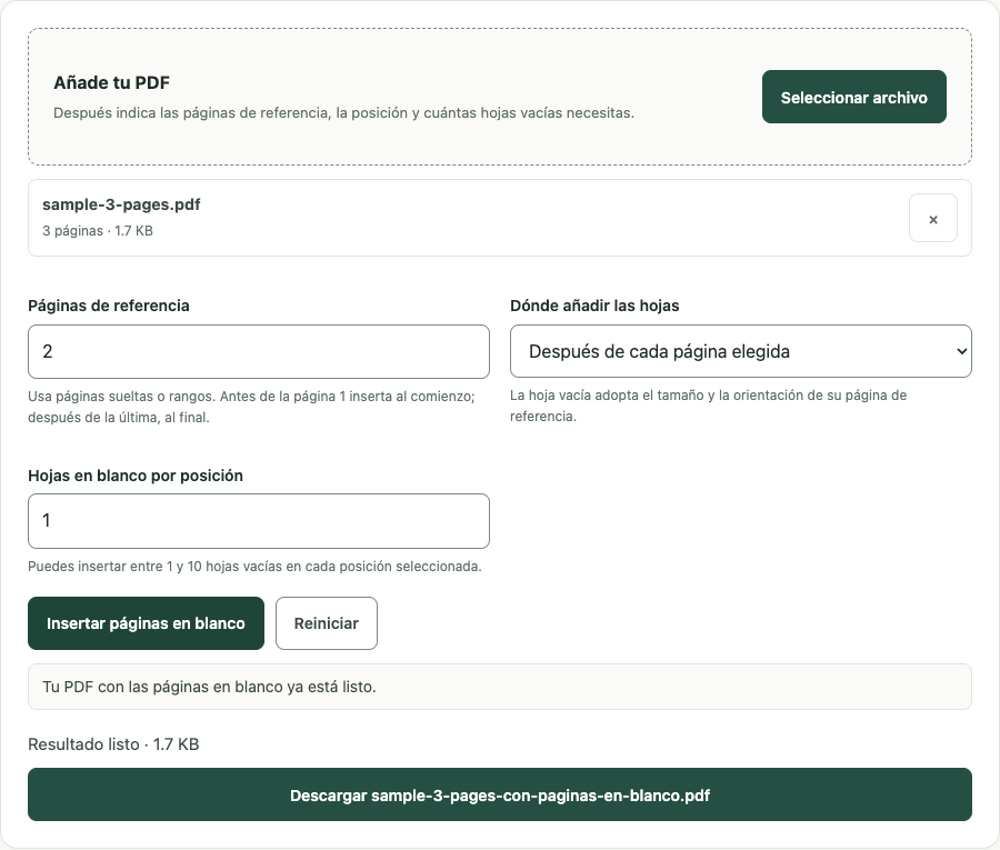 Ejemplo de Insertar páginas en blanco con datos de prueba