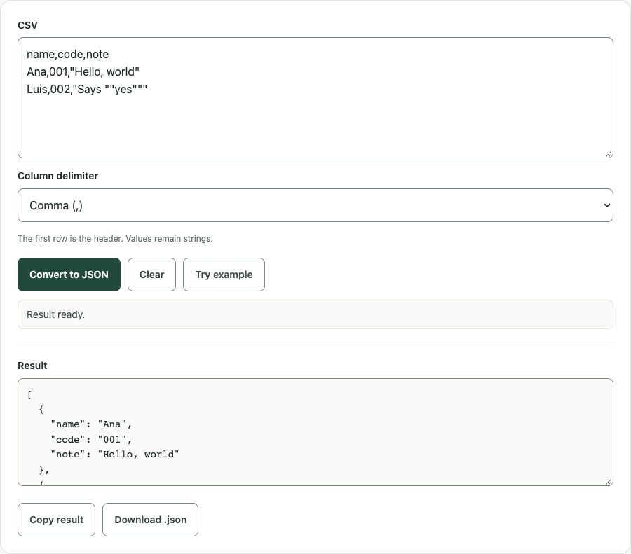 CSV to JSON example using sample data