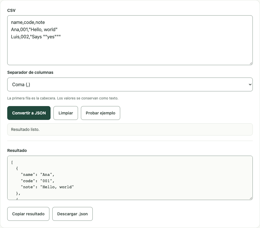 Ejemplo de CSV a JSON con datos de prueba