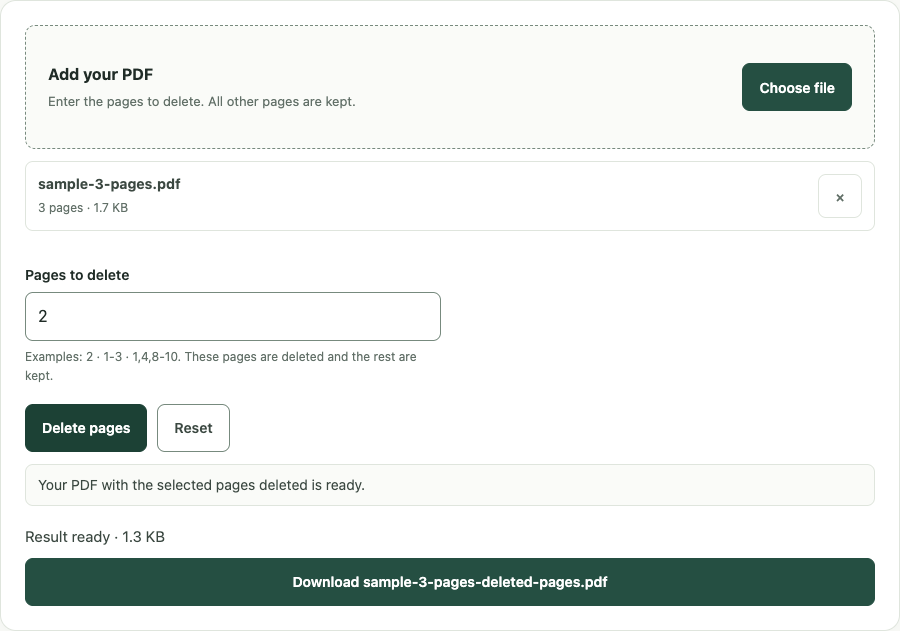 Delete PDF pages example using sample data