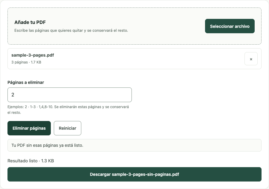 Ejemplo de Eliminar páginas PDF con datos de prueba