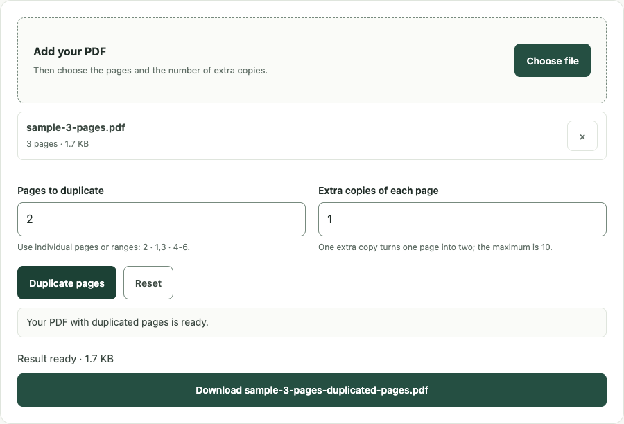 Duplicate PDF pages example using sample data