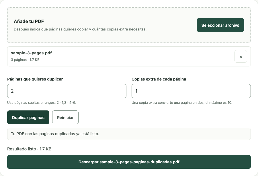 Ejemplo de Duplicar páginas PDF con datos de prueba