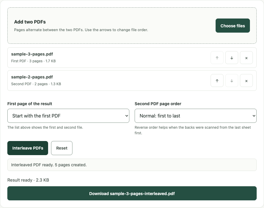 Interleave PDFs example using sample data