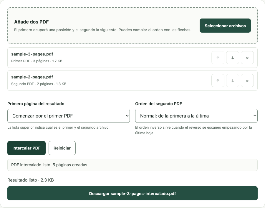 Ejemplo de Intercalar PDF con datos de prueba