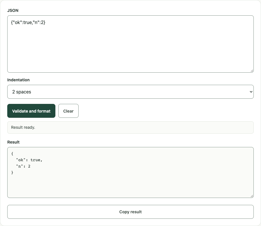 JSON formatter and validator example using sample data