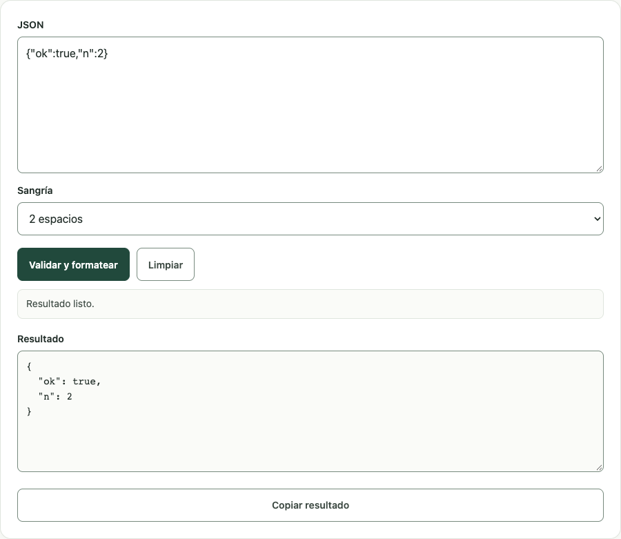 Ejemplo de Formatear y validar JSON con datos de prueba