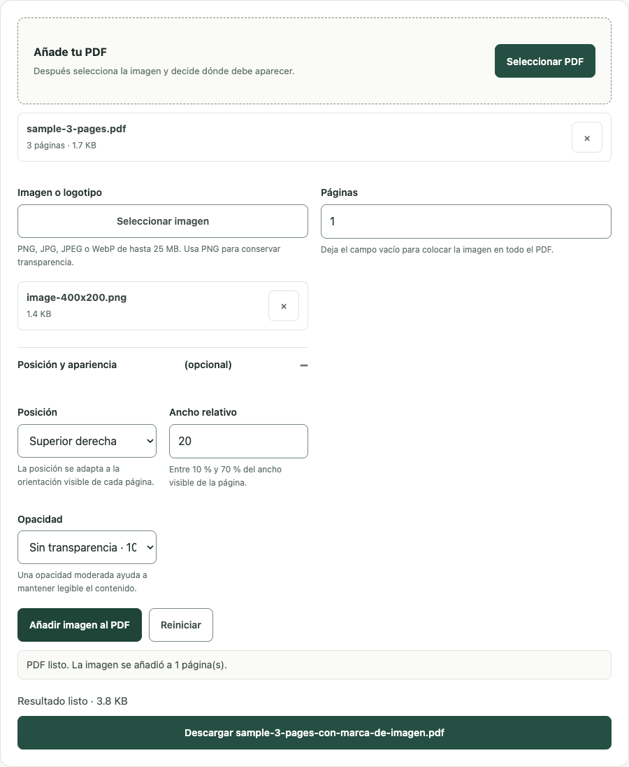 Ejemplo de Añadir logo a PDF con datos de prueba