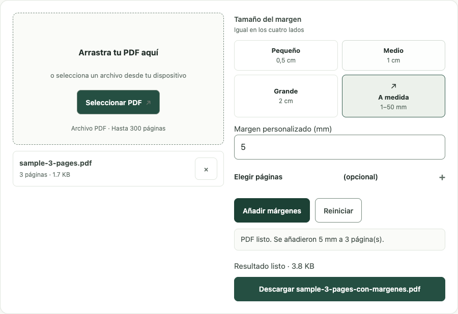 Ejemplo de Añadir márgenes PDF con datos de prueba