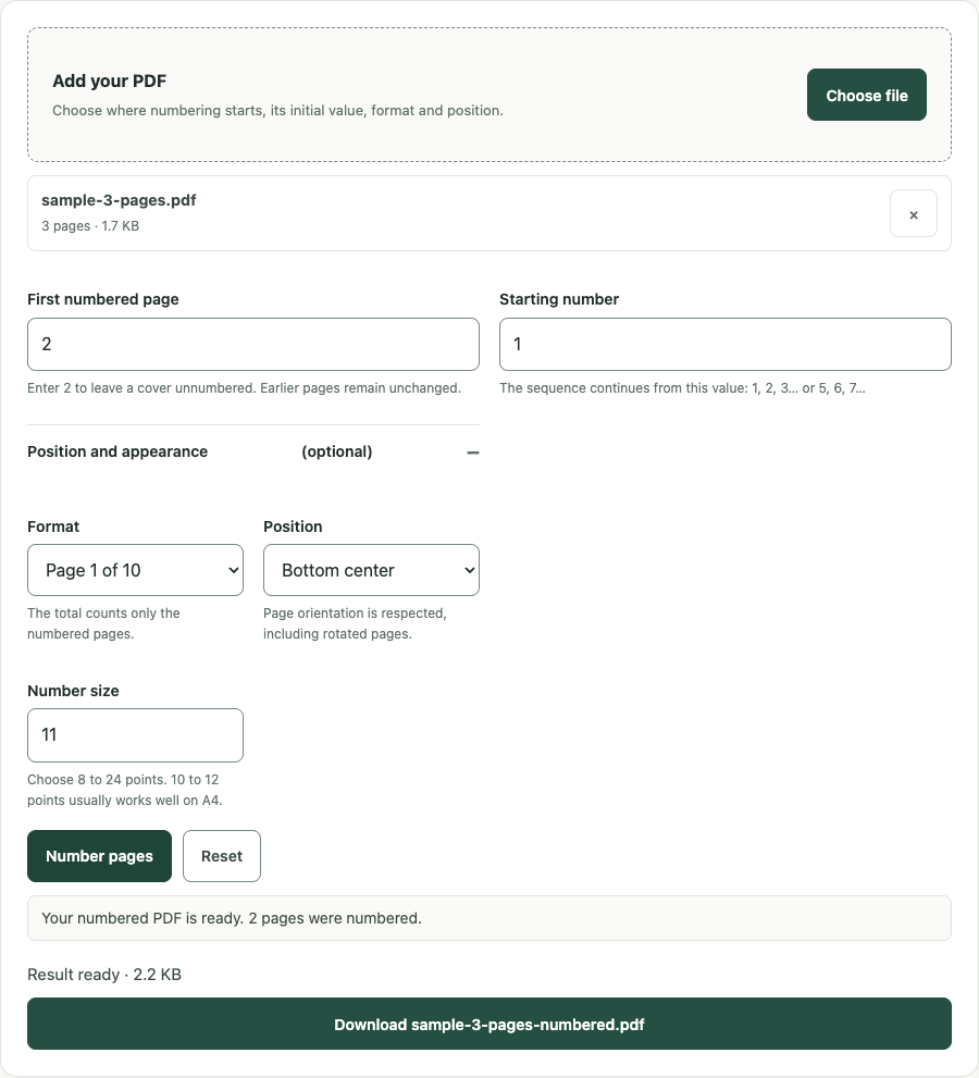 Number PDF pages example using sample data