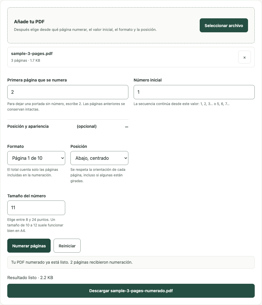 Ejemplo de Numerar páginas PDF con datos de prueba