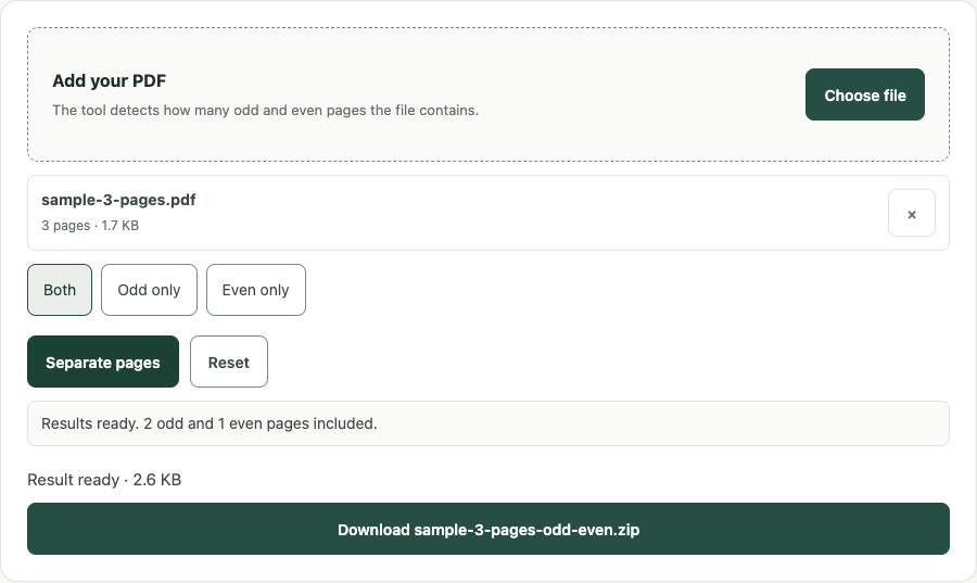 Split odd and even PDF pages example using sample data