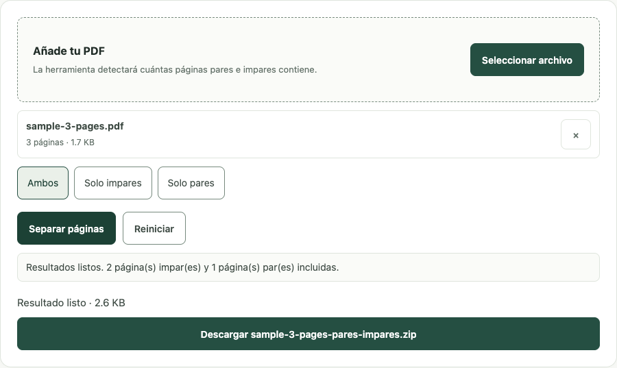 Ejemplo de Separar páginas pares e impares con datos de prueba