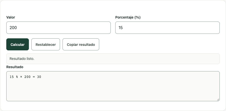 Ejemplo de Calculadora de porcentajes con datos de prueba