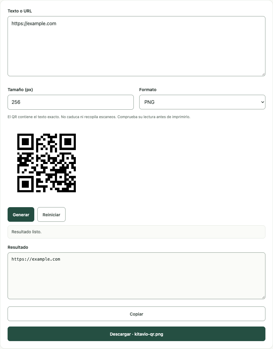 Ejemplo de Generador de códigos QR con datos de prueba
