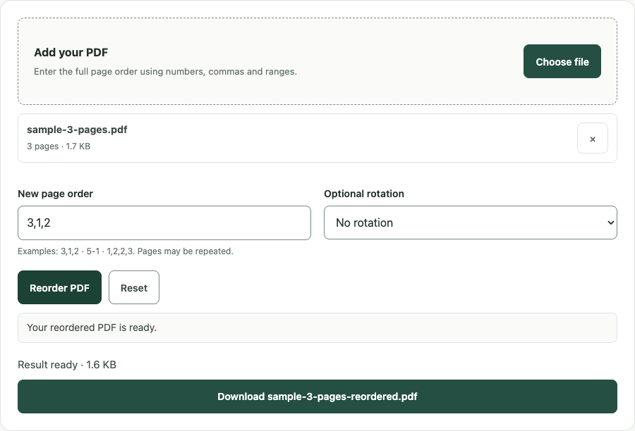 Reorder PDF pages example using sample data