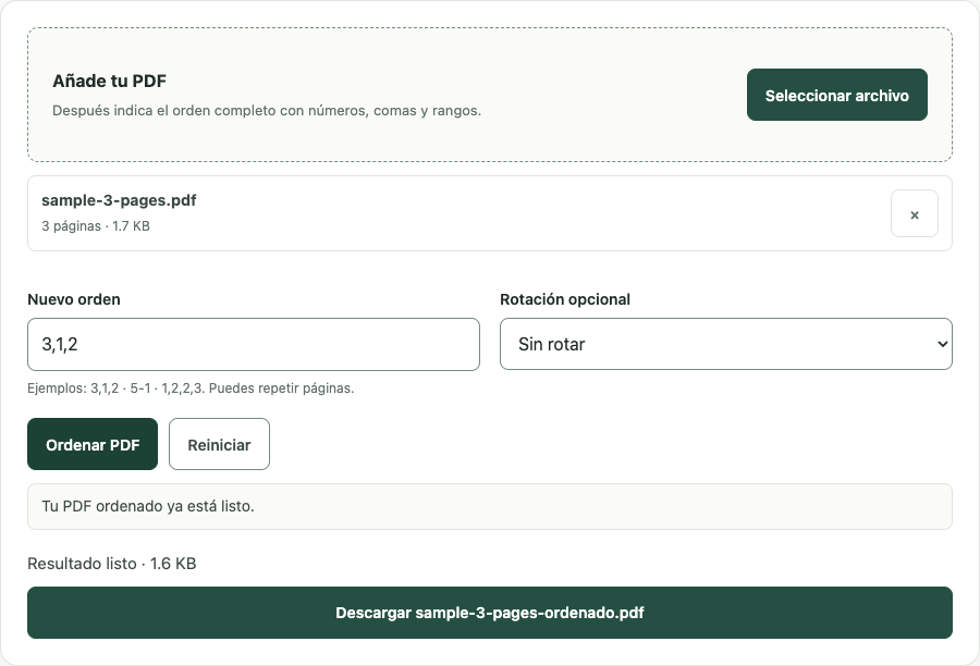 Ejemplo de Ordenar páginas PDF con datos de prueba