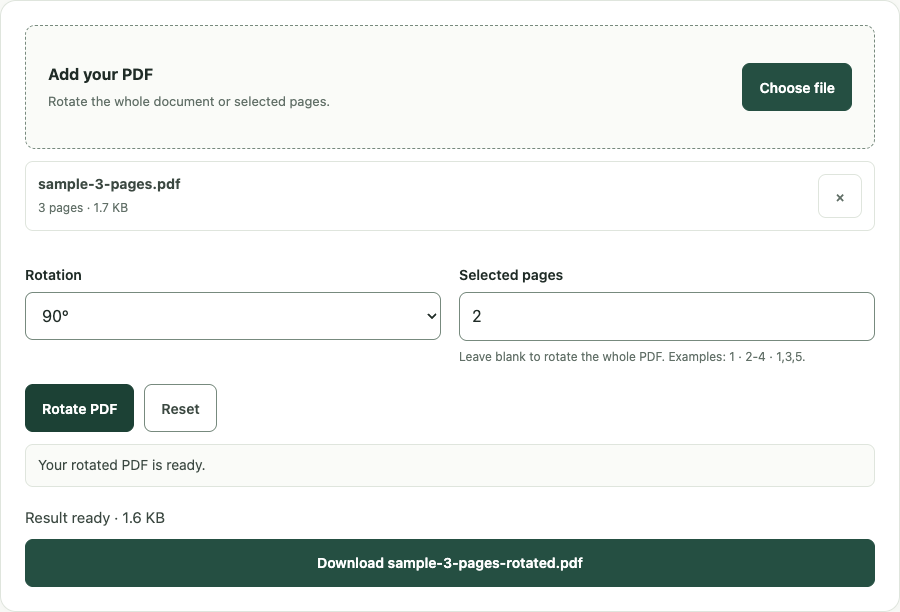 Rotate PDF example using sample data