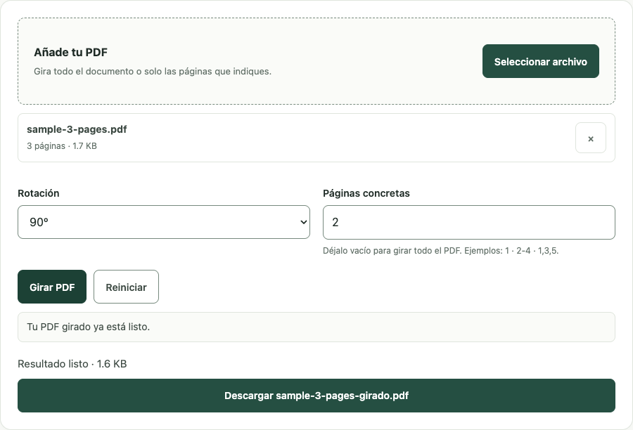 Ejemplo de Girar PDF con datos de prueba