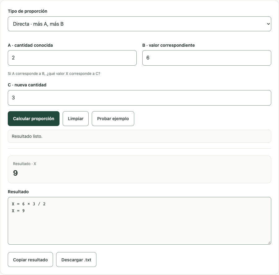Ejemplo de Regla de tres con datos de prueba