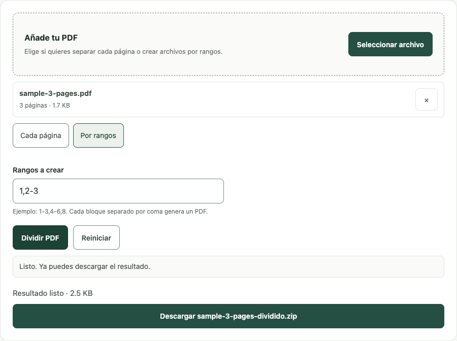 Ejemplo de Dividir PDF con datos de prueba