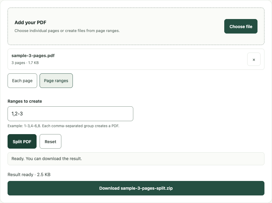 Split PDF example using sample data