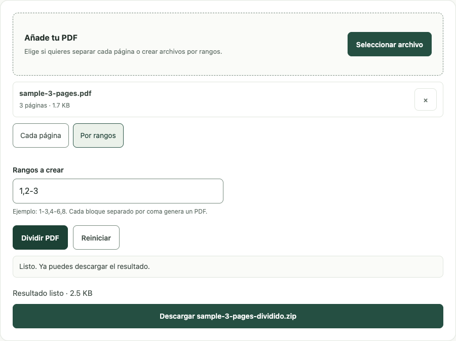 Ejemplo de Dividir PDF con datos de prueba