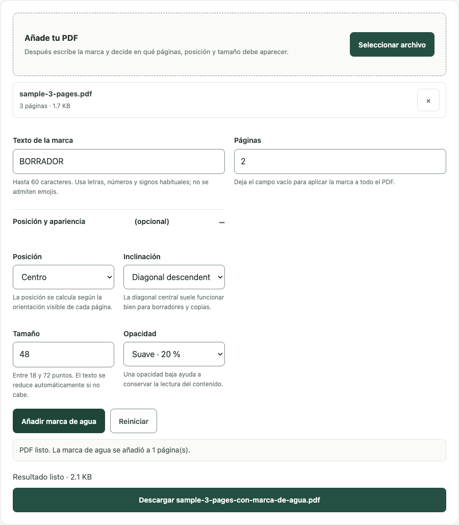 Ejemplo de Marca de agua PDF con datos de prueba